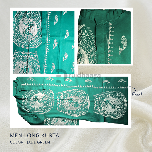 Men's Kantha Stitch Hand Embroidered Cotton Kurta Punjabi - Aqua