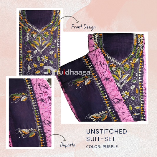 3pc Kantha Embroidered Cotton Suit Material Batik Printed Set -Purple