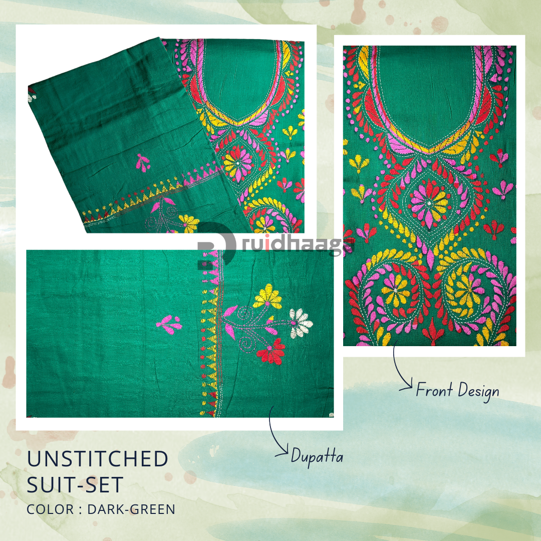 3pc Kantha Embroidered Cotton Suit Material Set