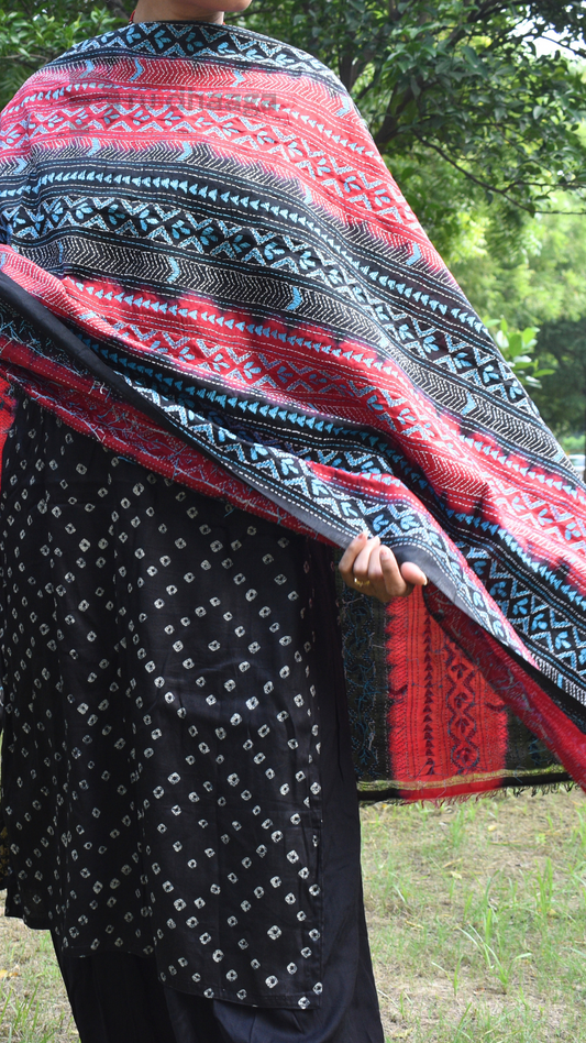 Pink Tie-Dye Silk Hand Embroidered Kantha Stole